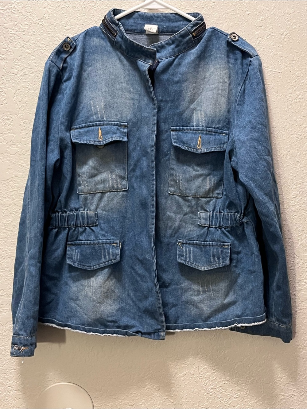 Aimeite Distressed Blue Denim Utility Jacket